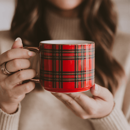 Red Plaid 14oz. Gold Handle Coffee Mug